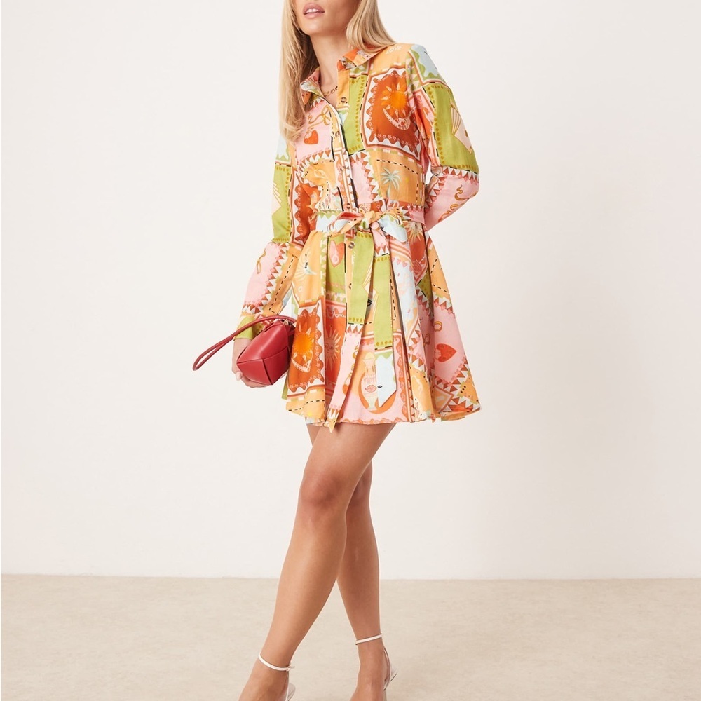 Never Fully Dressed Linen Colorful Patchwork Long Sleeve Dress size 6P